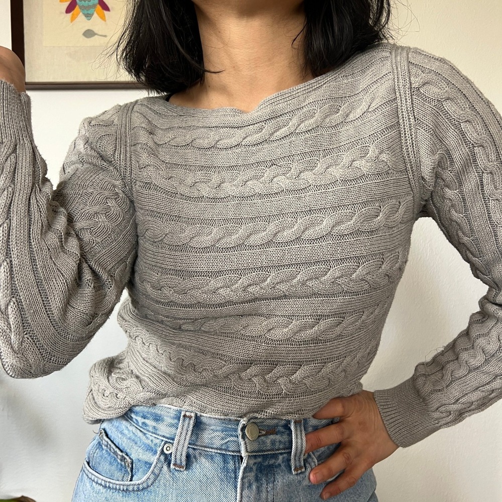 Lauren Ralph Lauren Gray Cable Knit Sweater Womens Medium‎ Classic Cotton